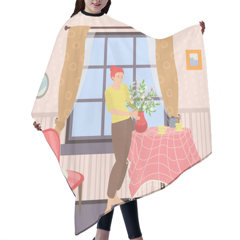 Personality  Sweet Home Woman In House With Houseplant Vector Hair Cutting Cape