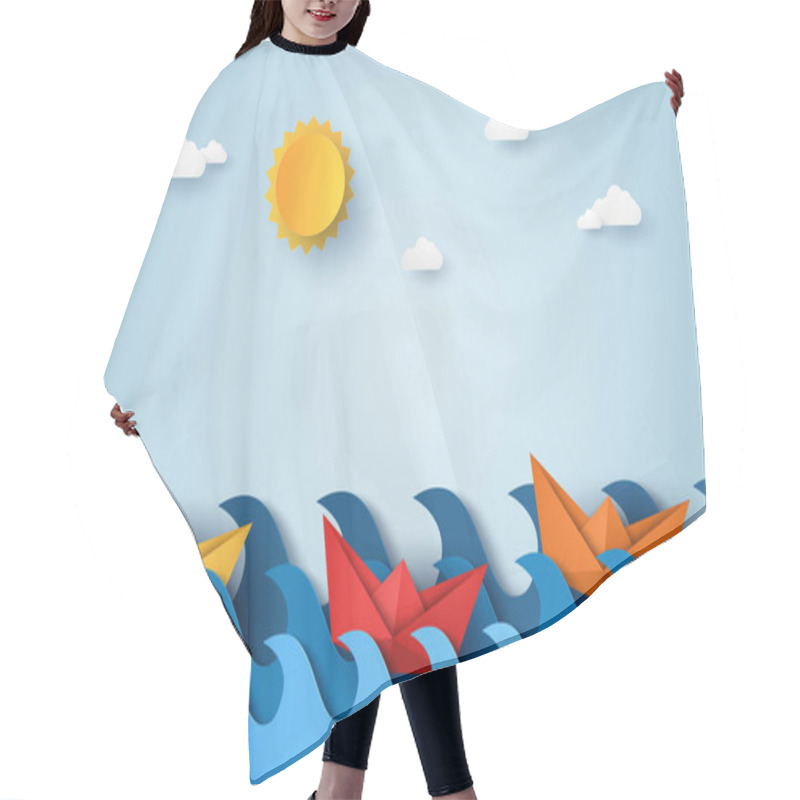 Personality  Blue Waves In Ocean With Boat Sailing  , Paper Art Style Hair Cutting Cape