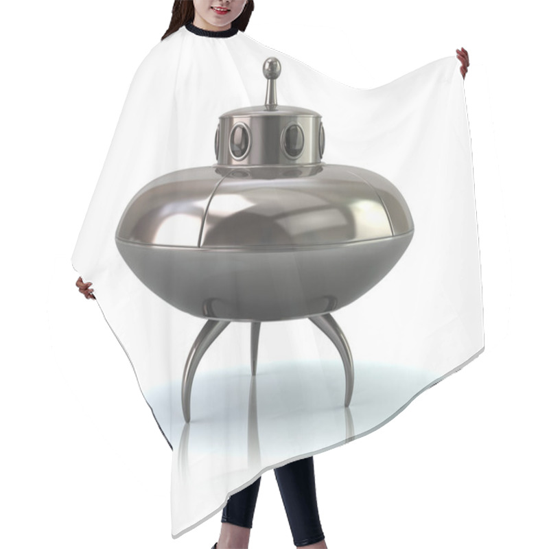 Personality  Silver Ufo Space Ship Standing On White Background Hair Cutting Cape