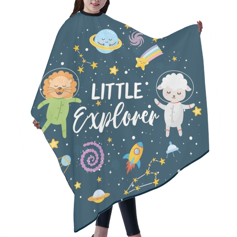 Personality  Little Explorer Greeting Card. Kids Illustration With Hand Lettering Text And Different Elements Of Cosmos. Astronaut Animals, Lamb And Lion. Cute Character Planets, Sun, Moon, Stars, Milky Way. Hair Cutting Cape