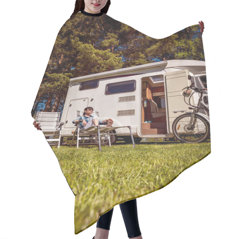 Personality  Woman Resting Near Motorhomes In Nature. Family Vacation Travel, Hair Cutting Cape