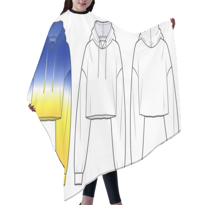 Personality  Girl's Cropped Sweatshirt Fashion Design, Yellow And Blue. Oversize Crop Hoodie Sweat With Long Sleeves Techical Drawing Template. Hoodie Fashion CAD Mockup. Hair Cutting Cape