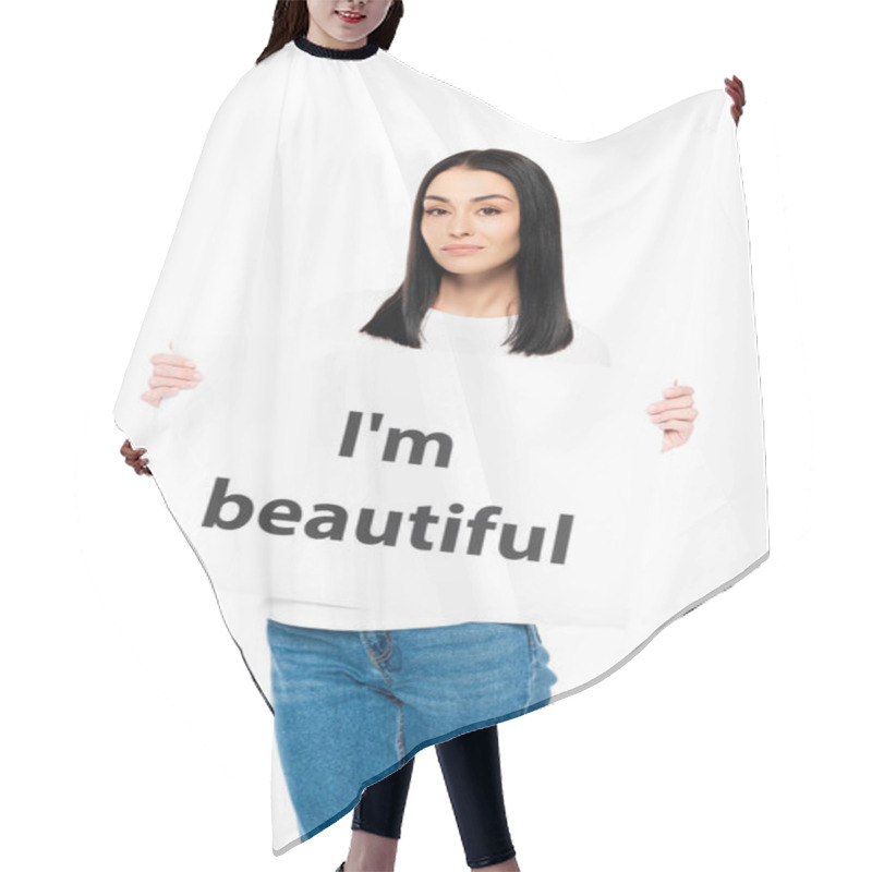 Personality  Attractive Woman Holding Poster With I`m Beautiful Lettering Isolated On White  Hair Cutting Cape