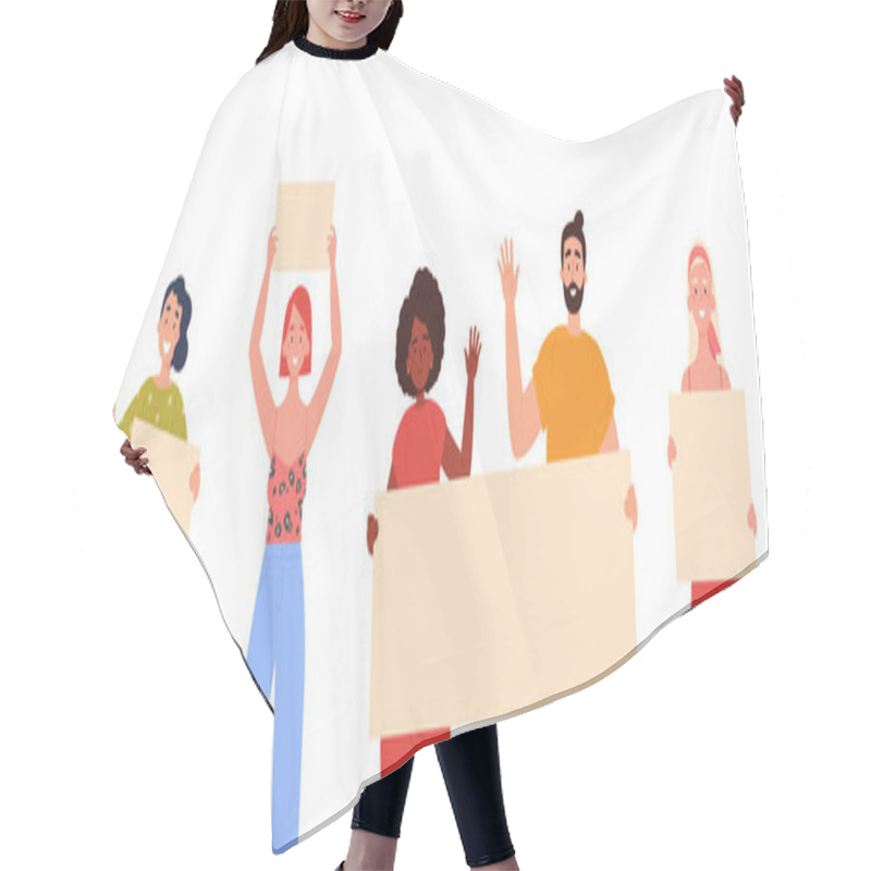 Personality  Set Of Young Men And Women Holding Blank Banner Hair Cutting Cape