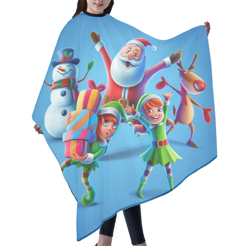 Personality  Christmas Elves, Santa Claus, Snowman And Reindeer, Party Characters On Blue Background Hair Cutting Cape