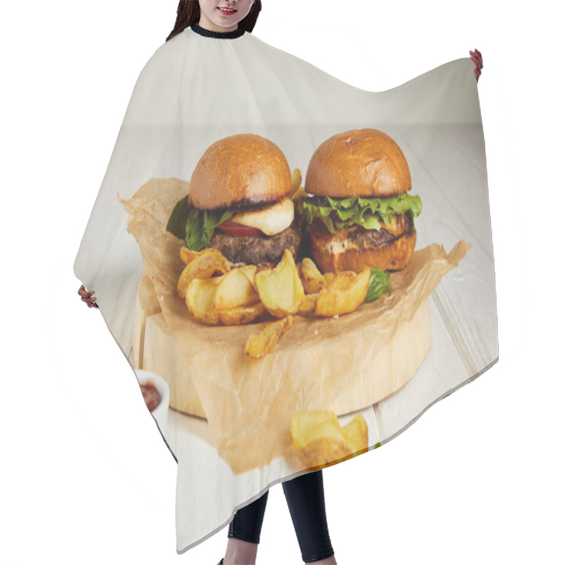 Personality  Junk Food Diner With Hamburgers And French Fries Served With Sauce On Table Hair Cutting Cape