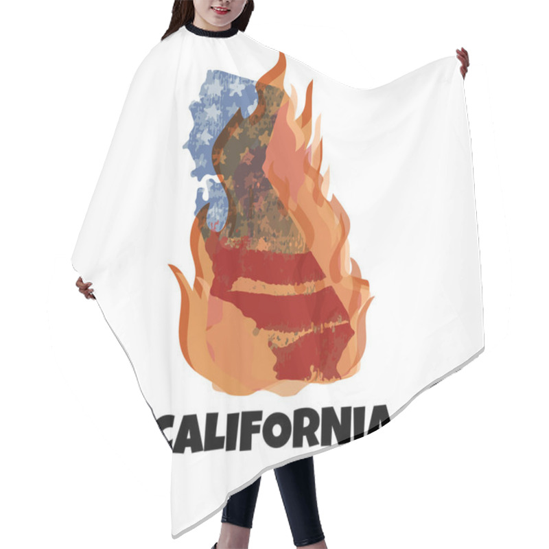 Personality  Illustration  In Support Of The Southern California After A Wildfires. Map Of California State, Silhouette Of USA Flag,  Flame And Text California.  Hair Cutting Cape