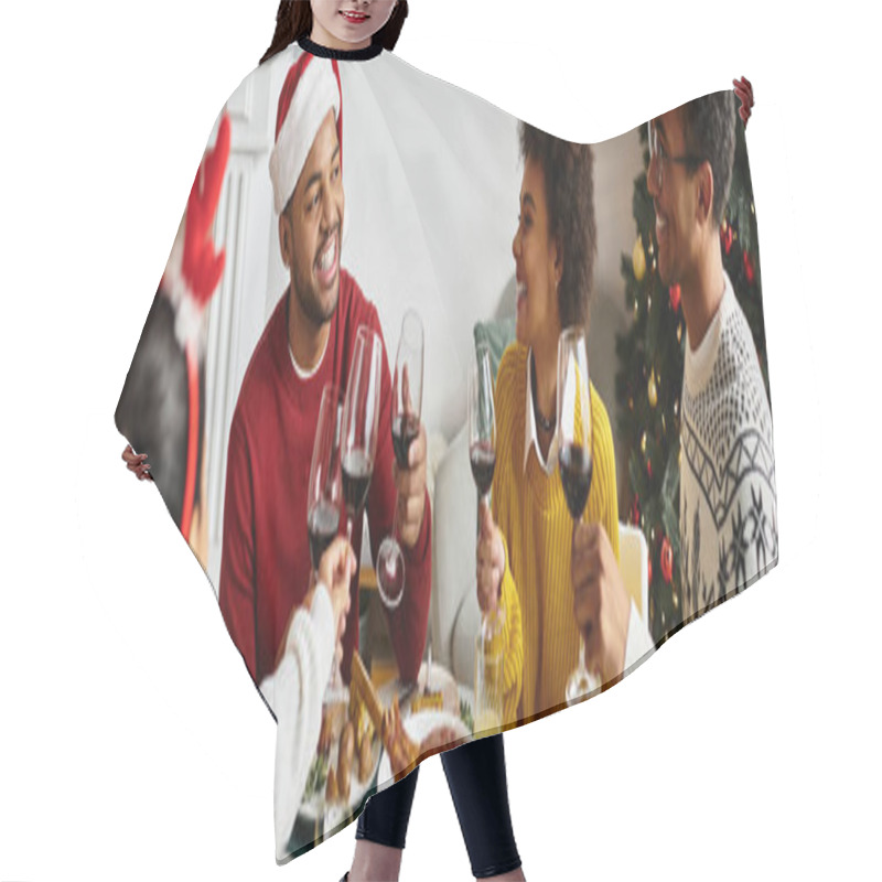 Personality  A Group Of Friends Gathers Around To Toast With Glasses While Enjoying Christmas Dinner. Hair Cutting Cape