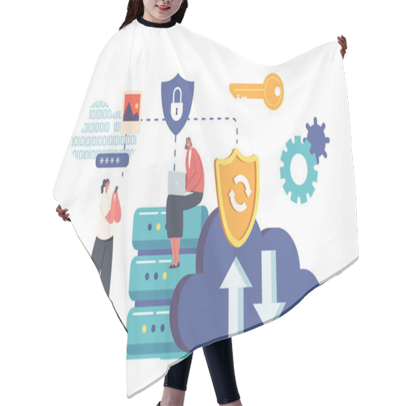 Personality  Cloud Data Safety, Information Protection In Internet Concept. Tiny Characters Work On Laptop And Use Mobile Phone, Download And Transfer Data Via Cloud Storage. Cartoon Vector Illustration Hair Cutting Cape