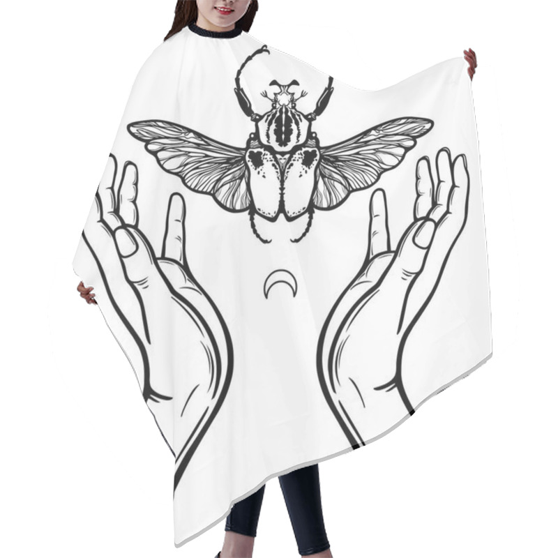 Personality  Human Hands Hold Goliath's Bug. Symbols Of The Moon. Mysticism, Esoterics, Sorcery. Coloring Book. Vector Illustration Isolated On A White Background. Hair Cutting Cape