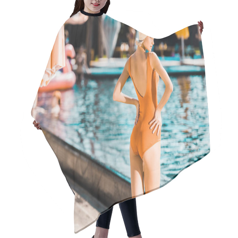 Personality  Rear View Of Stylish Pin Up Girl In Orange Swimsuit Posing At Poolside Hair Cutting Cape