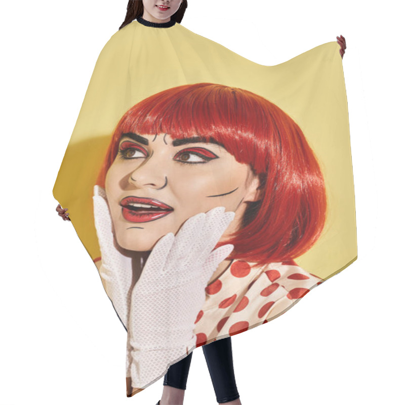 Personality  A Vibrant Redhead In A Polka Dot Dress And White Gloves Exudes Retro Charm Against A Yellow Background Inspired By Comic Art. Hair Cutting Cape