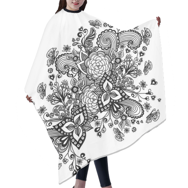 Personality  Zen-doodle Background  With Flowers Butterflies Hearts Black On White Hair Cutting Cape