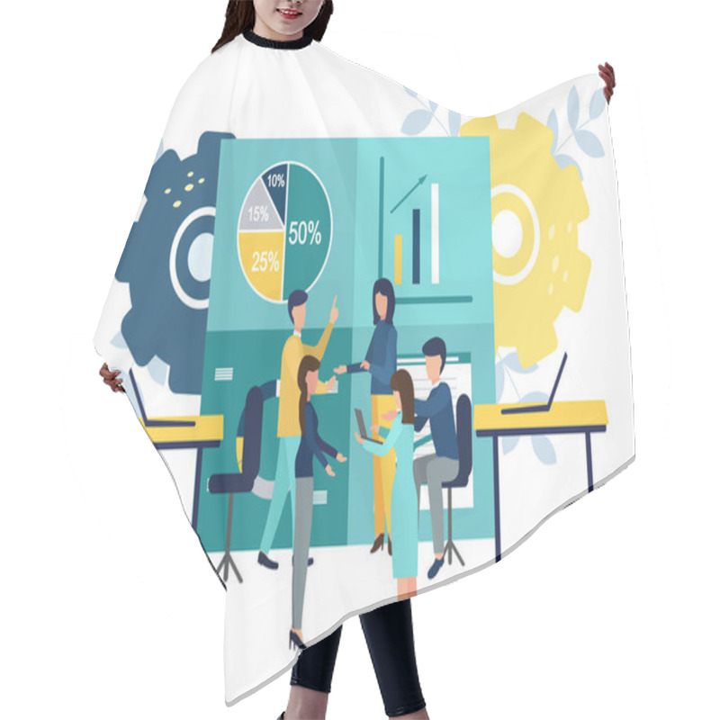 Personality  Work In The Office. Men And Women Take Part In Business Meetings, Negotiations, Brainstorming Sessions, Talk With Each Other. Colorful Vector Illustration In Flat Cartoon Style Hair Cutting Cape