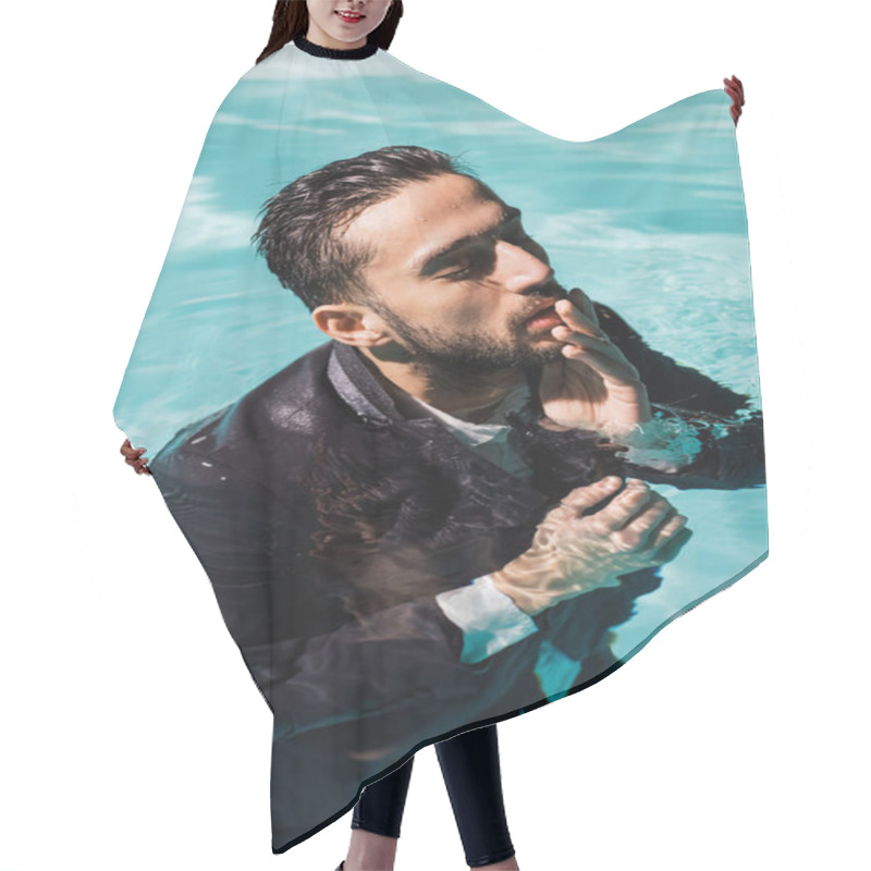 Personality  Muslim Businessman Touching Lips In Swimming Pool  Hair Cutting Cape