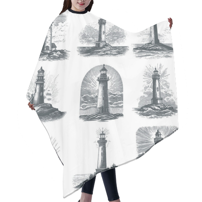 Personality  Vintage Engraving Of Various Lighthouses In Coastal Settings For Nautical Themed Designs Hair Cutting Cape