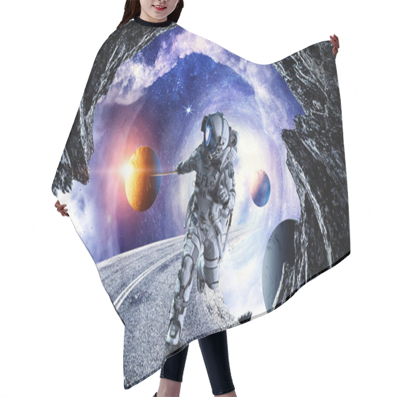 Personality  Fantasy Image With Spaceman Catch Planet. Mixed Media Hair Cutting Cape