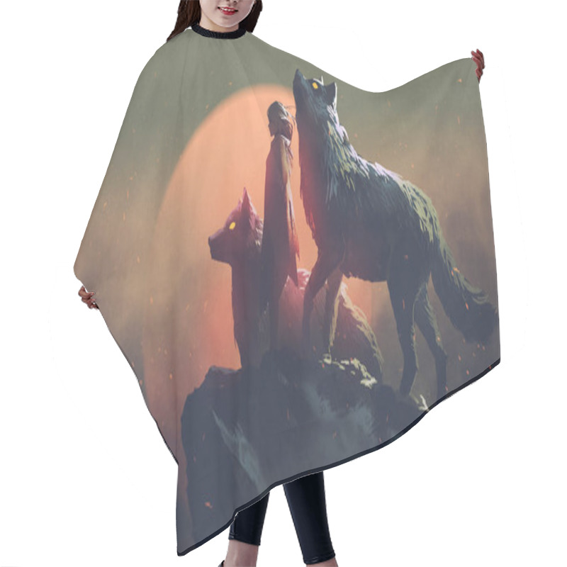 Personality   The Woman In The Cloak Standing With Her Two Wolves, Digital Art Style, Illustration Painting Hair Cutting Cape