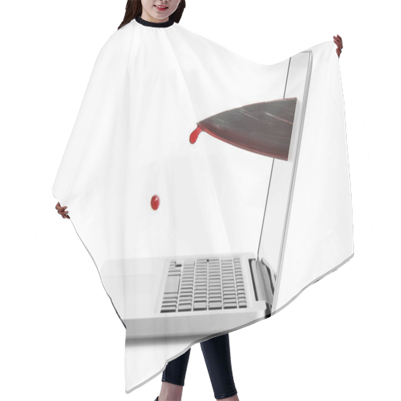 Personality  Internet Violence Concept - Bloody Knife Out Of Laptop Screen Hair Cutting Cape