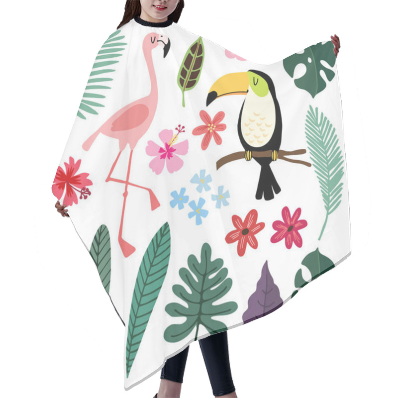 Personality  Summer Tropical Graphic Elements. Toucan And Flamingo Birds. Jungle Floral Illustrations, Palm, Monstera Leaves, Hibiscus Flowers. Isolated Illustrations, Kids Flat Design, Vectors. Exotic Nature. Hair Cutting Cape