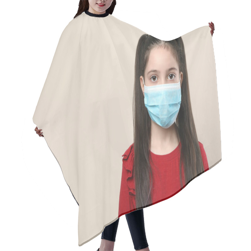 Personality  Little Girl In Medical Mask On Beige Background, Space For Text. Virus Protection Hair Cutting Cape