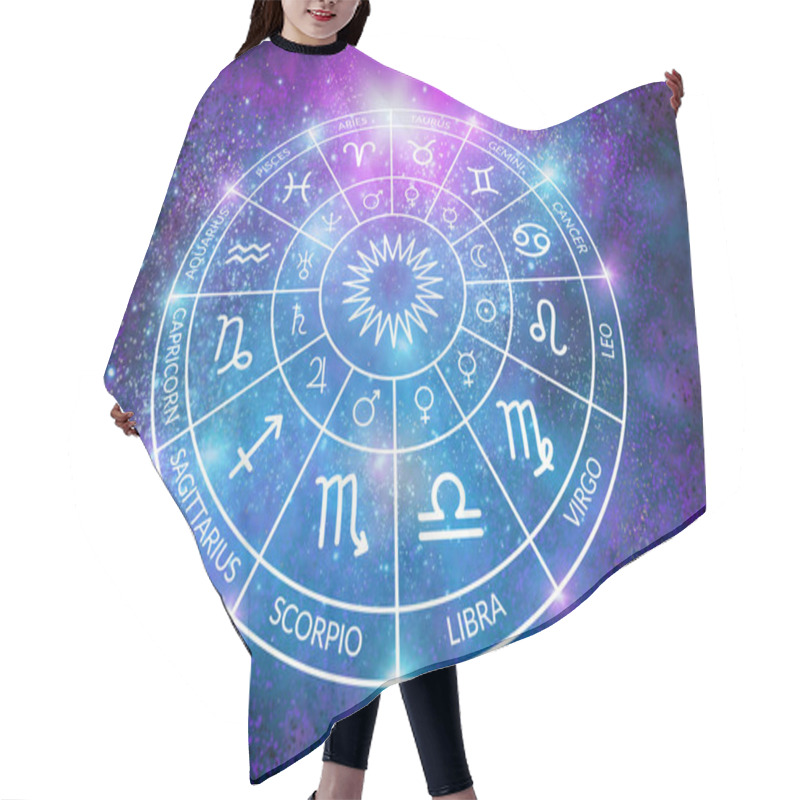 Personality  Astrology. Zodiac Circle On The Background Of The Cosmos Space. The Science Of Stars And Planets. Esoteric Knowledge. Ruler Planets. Twelve Signs Of The Zodiac Hair Cutting Cape