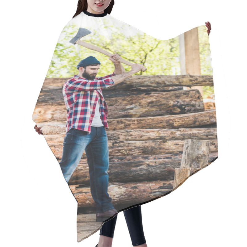 Personality   Lumberjack In Checkered Shirt Chopping Log At Sawmill  Hair Cutting Cape