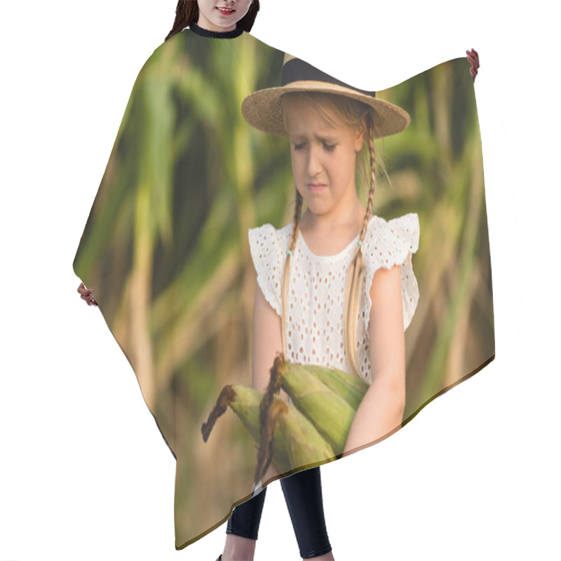 Personality  Sad Little Kid In Hat Standing In The Middle Of A Corn Field. Harvest Time. Organic Agriculture For Children. Cute Child Having Fun On A Sunny Summer Day Outdoor. Sun Light. Happy Children Day Concept Hair Cutting Cape