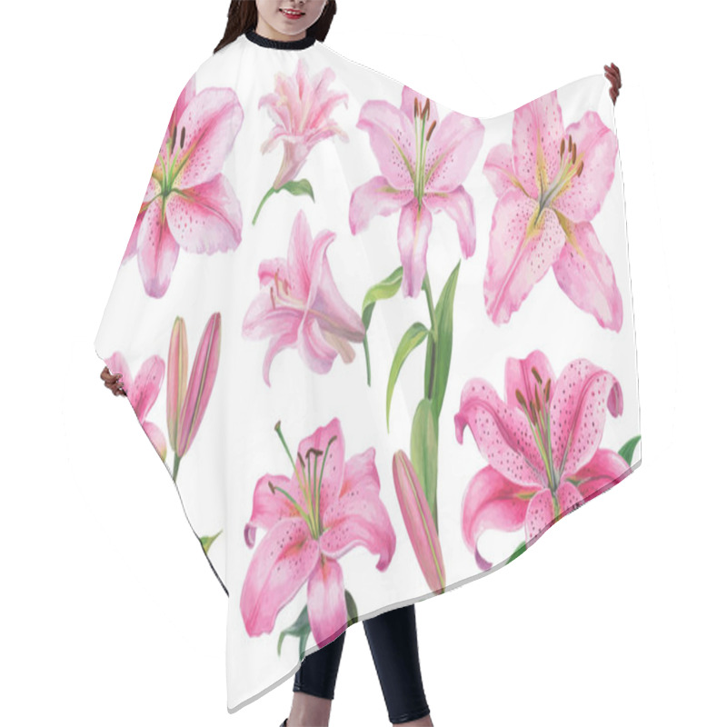 Personality  Pink Lily Flower Illustration Collection With Buds And Leaves Hair Cutting Cape