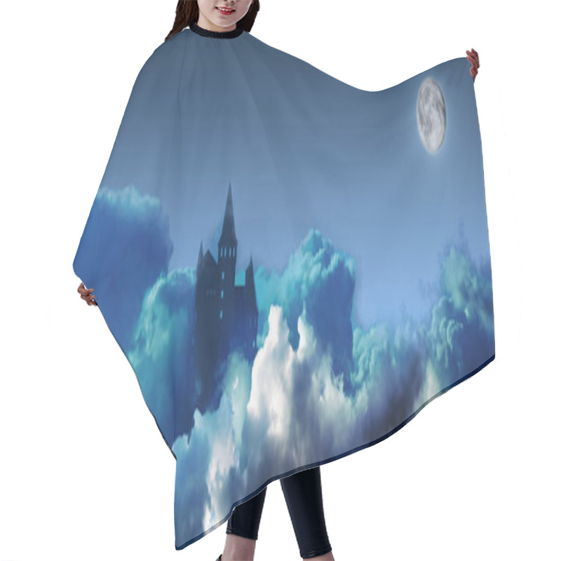 Personality  Fairy Tale World. Mysterious Castle Surrounded By Clouds Under Sky With Full Moon, Banner Design Hair Cutting Cape