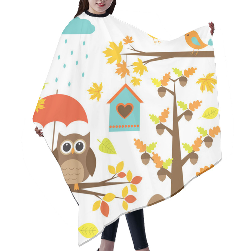 Personality  Birds,trees And Owl. Autumnal Set Of Vector Elements Hair Cutting Cape