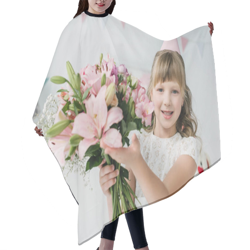 Personality  Adorable Birthday Kid In Cone Showing Bouquet Of Lilies  Hair Cutting Cape