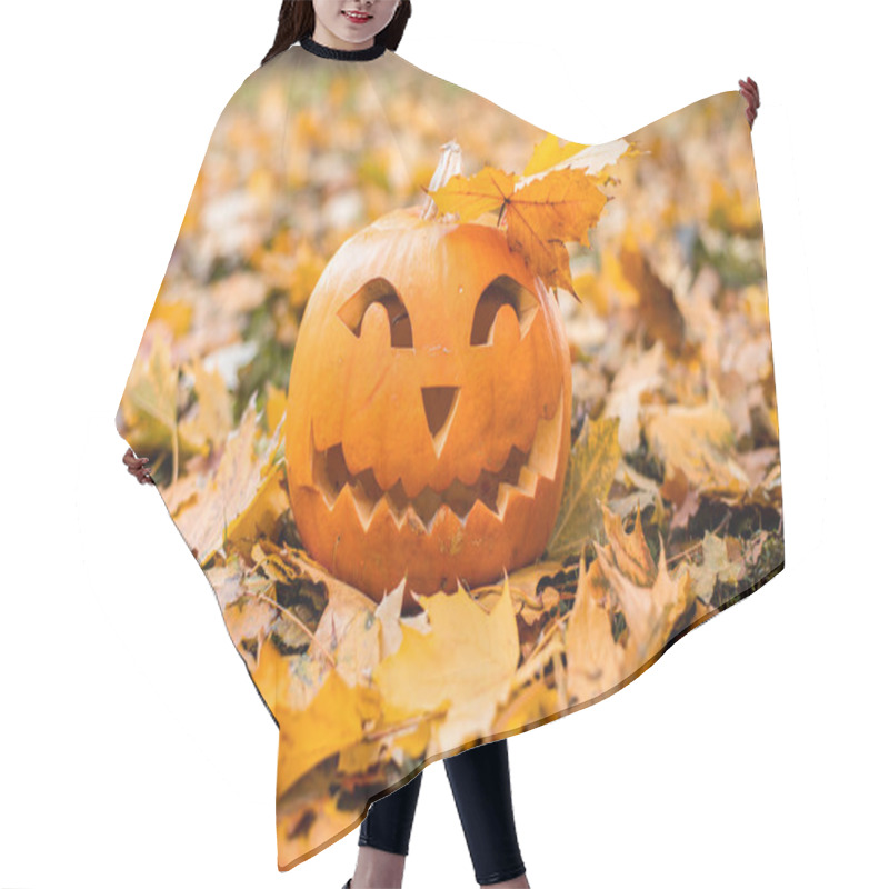 Personality  Orange Pumpkin For Halloween Outdoors In Orange Autumn Leaves.Halloween Concept. Hair Cutting Cape