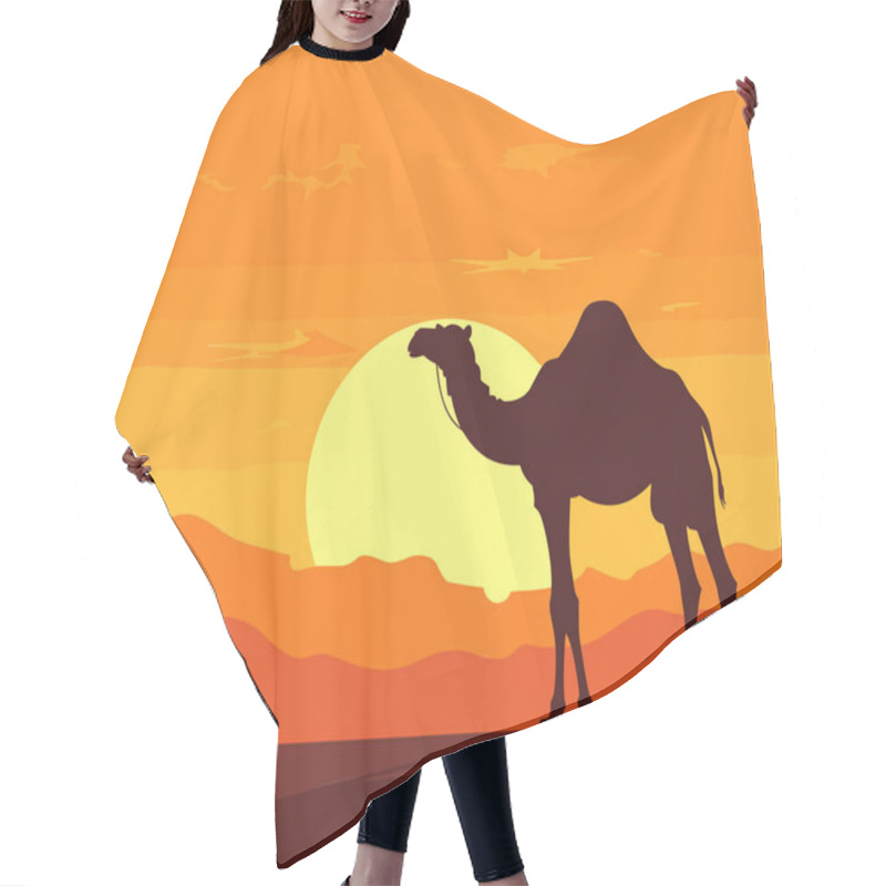 Personality  Camel And Walking In Sunset View Vector, Silhouette Of A Camel Caravan With Camel In The Desert On Mountains, Vector Illustration. Hair Cutting Cape