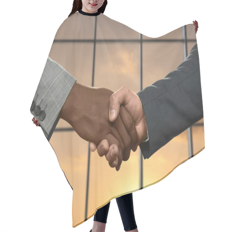 Personality  Adult Businessmen Shaking Hands. Hair Cutting Cape