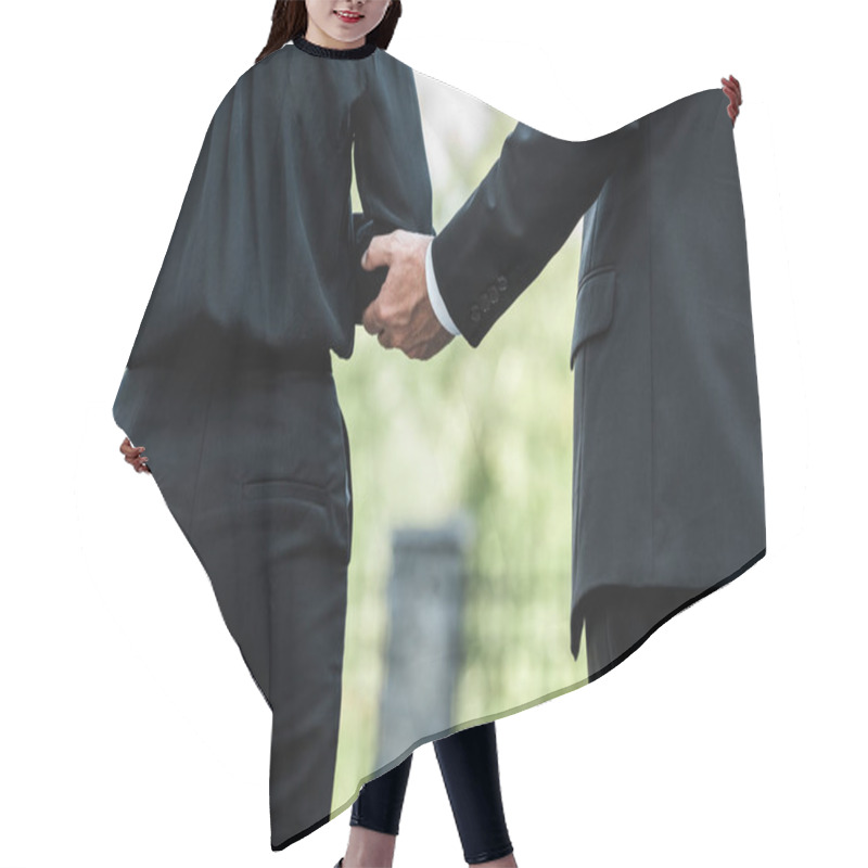 Personality  Cropped View Of Man Touching Hand On Woman Standing On Funeral  Hair Cutting Cape