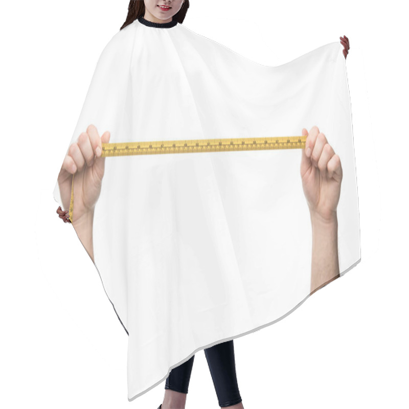 Personality  Cropped View Of Man Holding Measuring Tape Isolated On White  Hair Cutting Cape