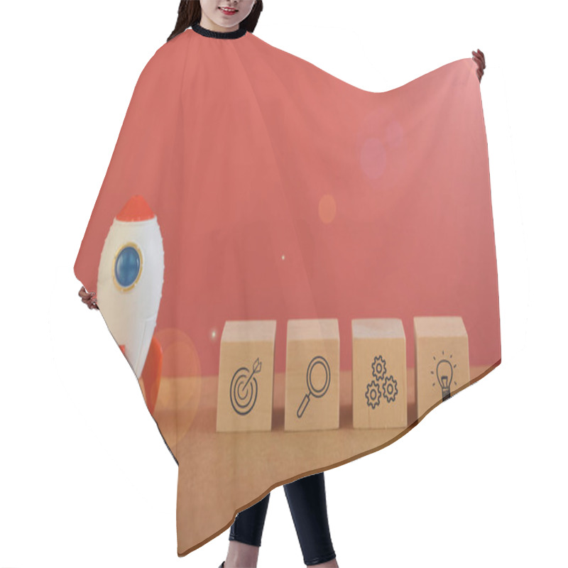 Personality  Toy Rocket With Target, Analytics, Strategy And Innovation Symbols. Hair Cutting Cape