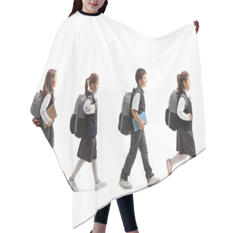 Personality  Schoolchildren In Uniforms Walking In Line Hair Cutting Cape