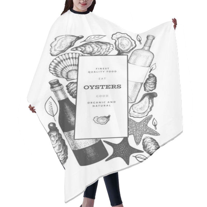 Personality  Oysters Design Template. Hand Drawn Vector Illustration. Seafood Banner. Can Be Used For Design Menu, Packaging, Recipes, Fish Market, Seafood Products. Hair Cutting Cape