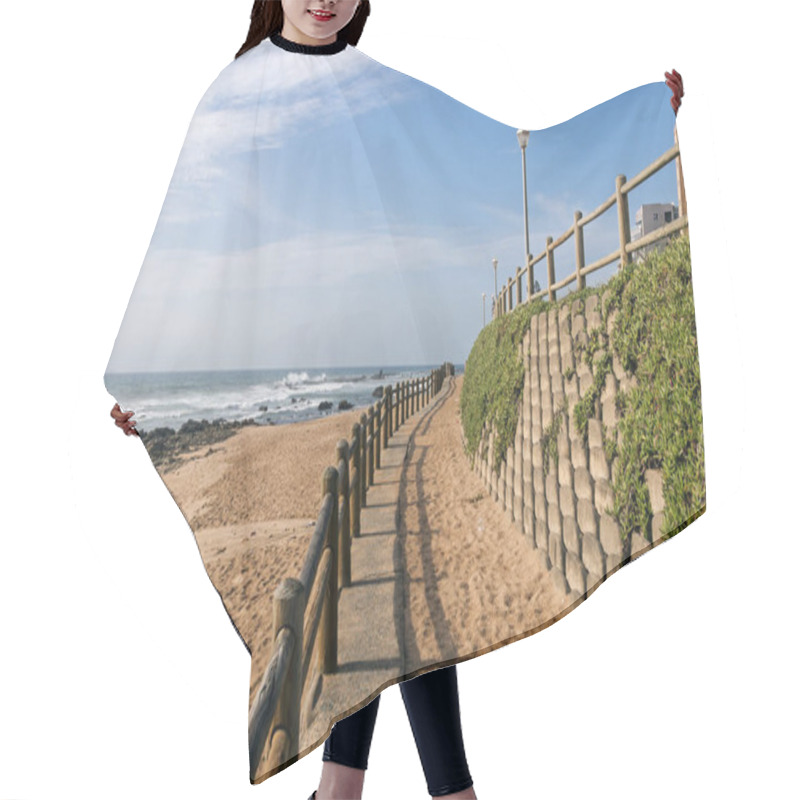 Personality  Retaining Wall And Wooden Barrier On Empty Beach  Hair Cutting Cape