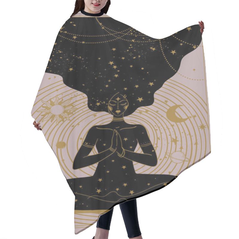 Personality  A Mystical Woman Sits In A Lotus Position And Meditates, A Cosmic Background With Stars And Planets, The Concept Of Spiritual Development, The Search For A Destiny. Vector Illustration, Poster. Hair Cutting Cape