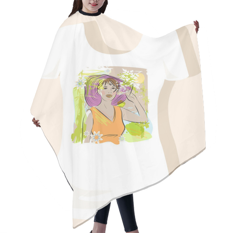 Personality  T-shirt Design. Young Women Wearing A Straw Hat . Hair Cutting Cape