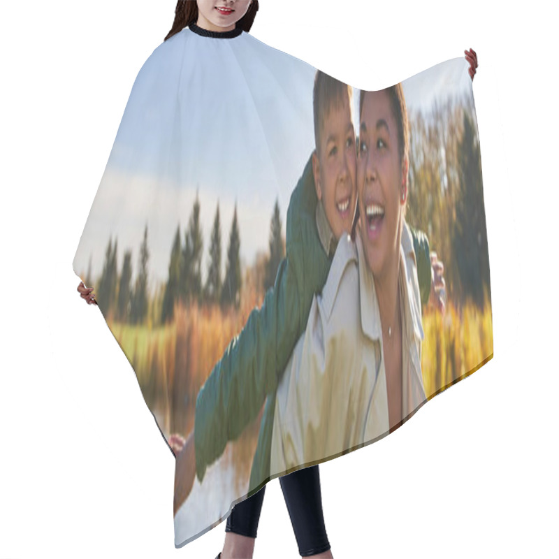 Personality  Joyful Mother Piggybacking Son, African American Woman And Boy, Autumn Season, Free Spirit, Banner Hair Cutting Cape