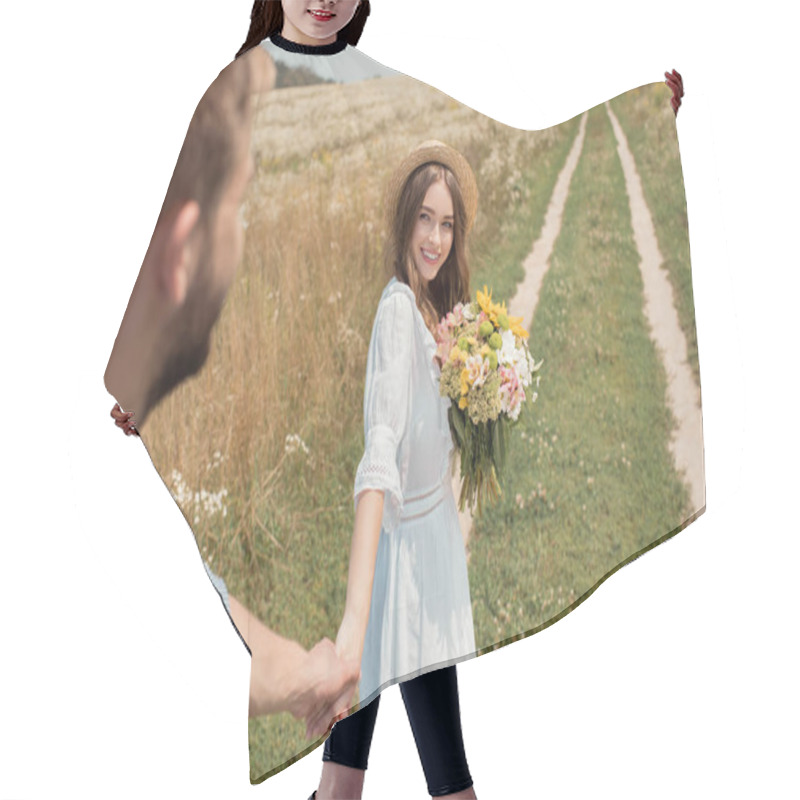 Personality  Partial View Of Smiling Woman With Bouquet Of Wild Flowers And Boyfriend Holding Hands In Field Hair Cutting Cape