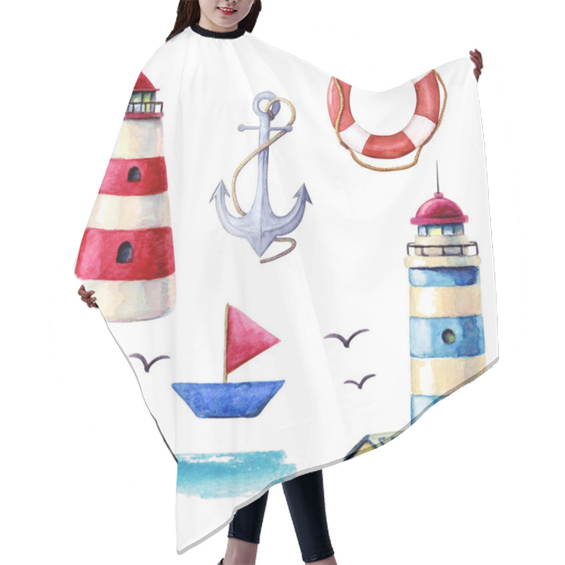 Personality  Watercolor Nautical Elements Collection. Various Lighthouses Isolated On White Backdrop. Illustration Of Red And Blue Striped Lighthouses, Ship, Anchor Lifebuoy And Gulls. Hand Painted Nautical Set. Hair Cutting Cape