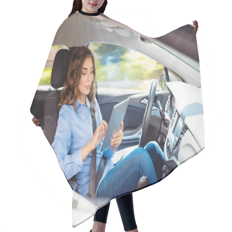 Personality  Young Businesswoman Driving Driverless Car And Using Digital Tablet.  Hair Cutting Cape