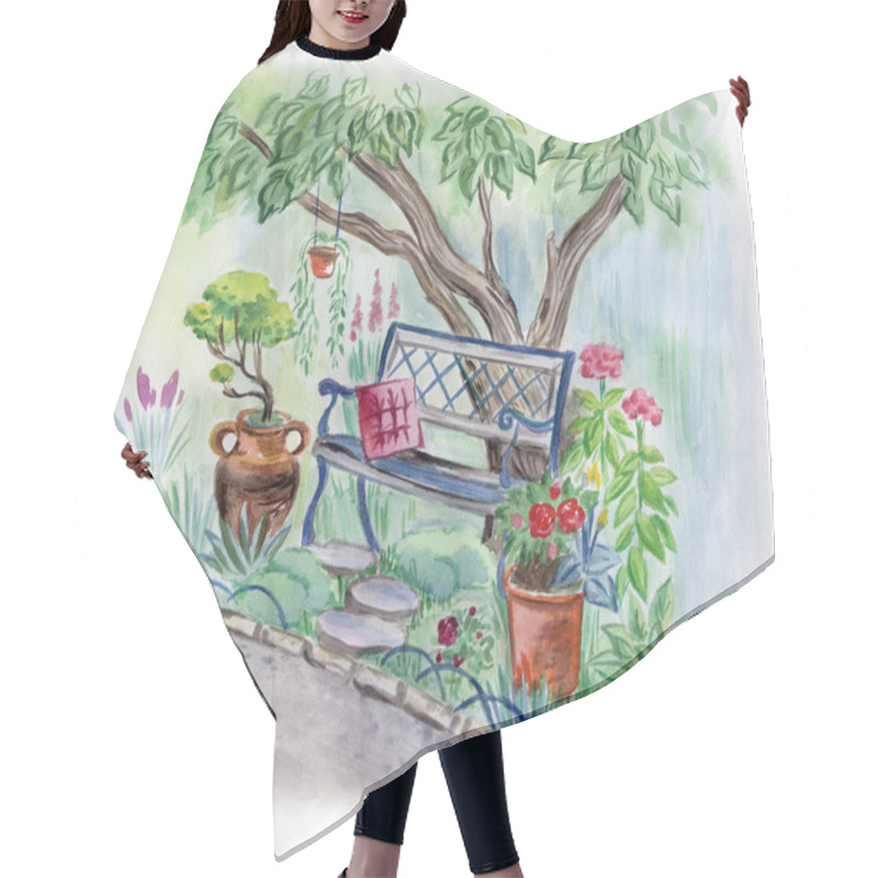 Personality  View Of A Blooming Garden With A Tree And A Bench Under It, Watercolor Illustration, Hand Drawing. Hair Cutting Cape