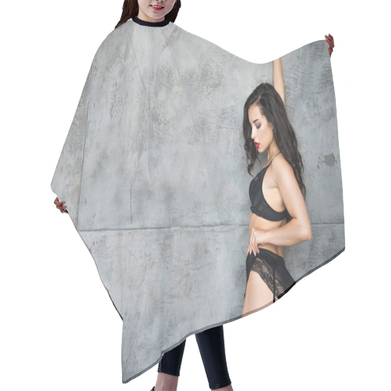 Personality  Sexy Girl In Black Underwear Holding Panties While Leaning On Grey Wall Hair Cutting Cape