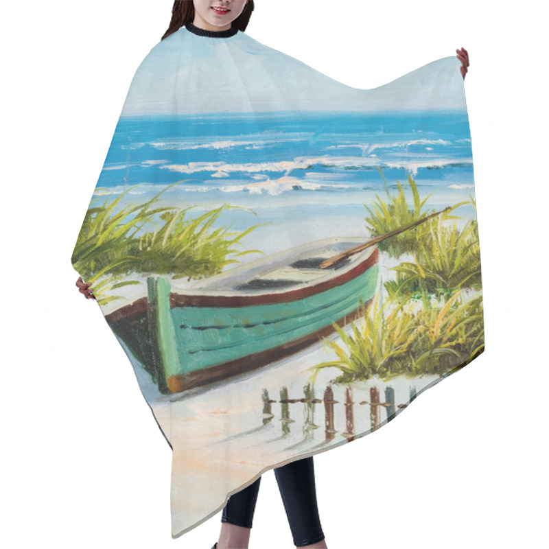 Personality  Oil Painting Of A Beach Scene With A Row Boat In The Sand. Hair Cutting Cape